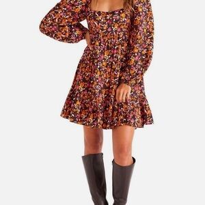 Square Neck Floral Tiered Mini Dress in Brown with Pink & Orange